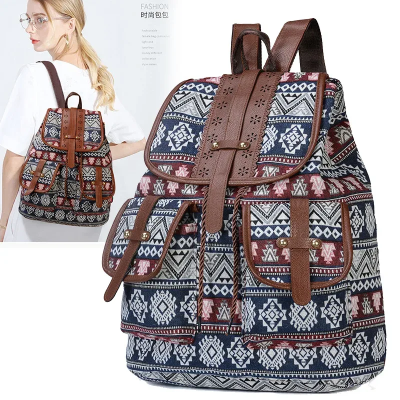 nouveau modèle ethnique rétro sac à dos toile sac à main mode personnalité voyage cordon petit sac à dos 14 po