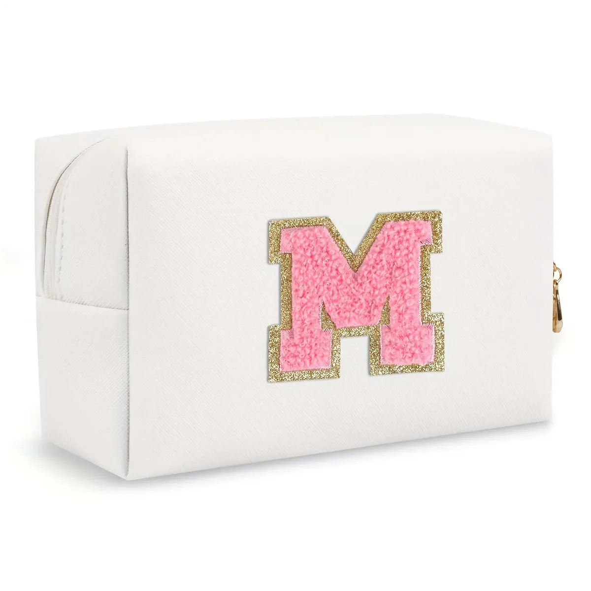 trousse de maquillage preppy pour femmes, trousse de toilette de voyage, sac à cosmétiques avec lettres en chenille, pochette étanche en cuir pu, joli organisateur à fermeture éclair-ll