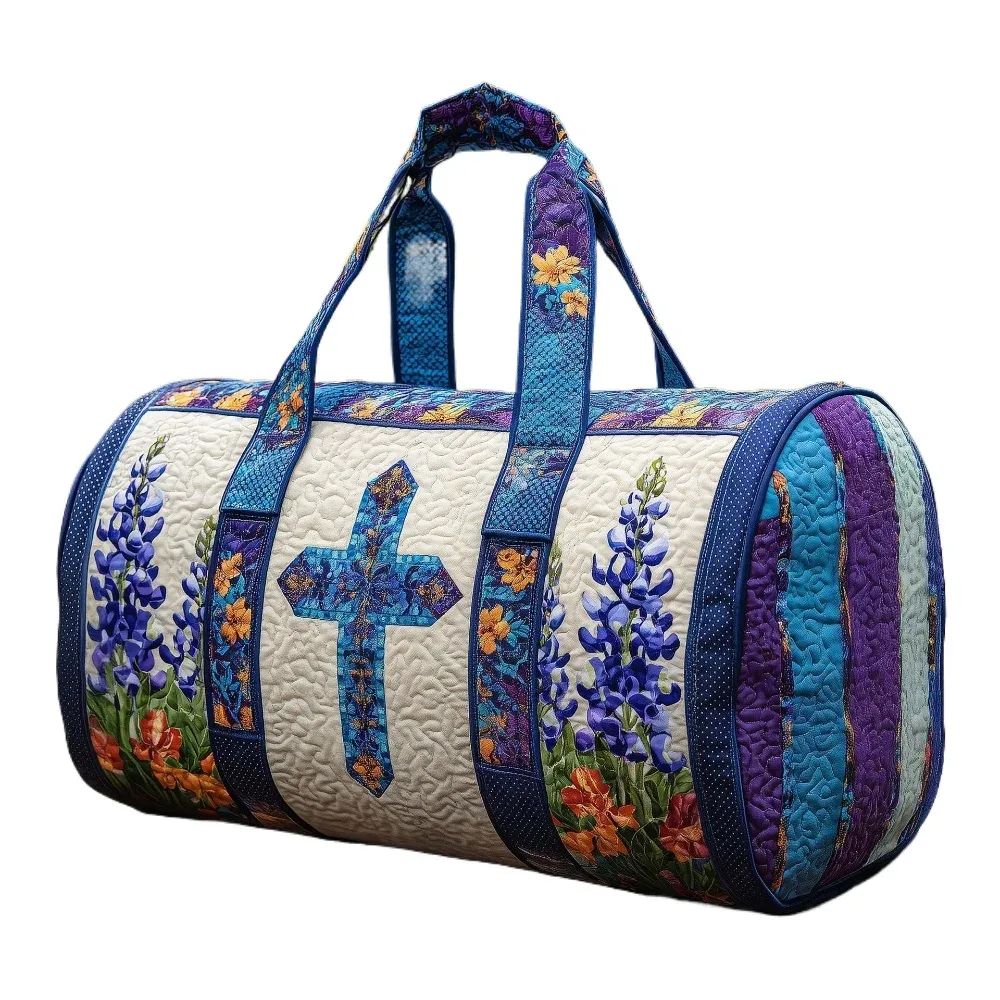 sac de voyage cylindrique en toile matelassée 3d avec motif floral bleu croisé, style cottagecore, pour voyage, gym, yoga, nuit, extérieur