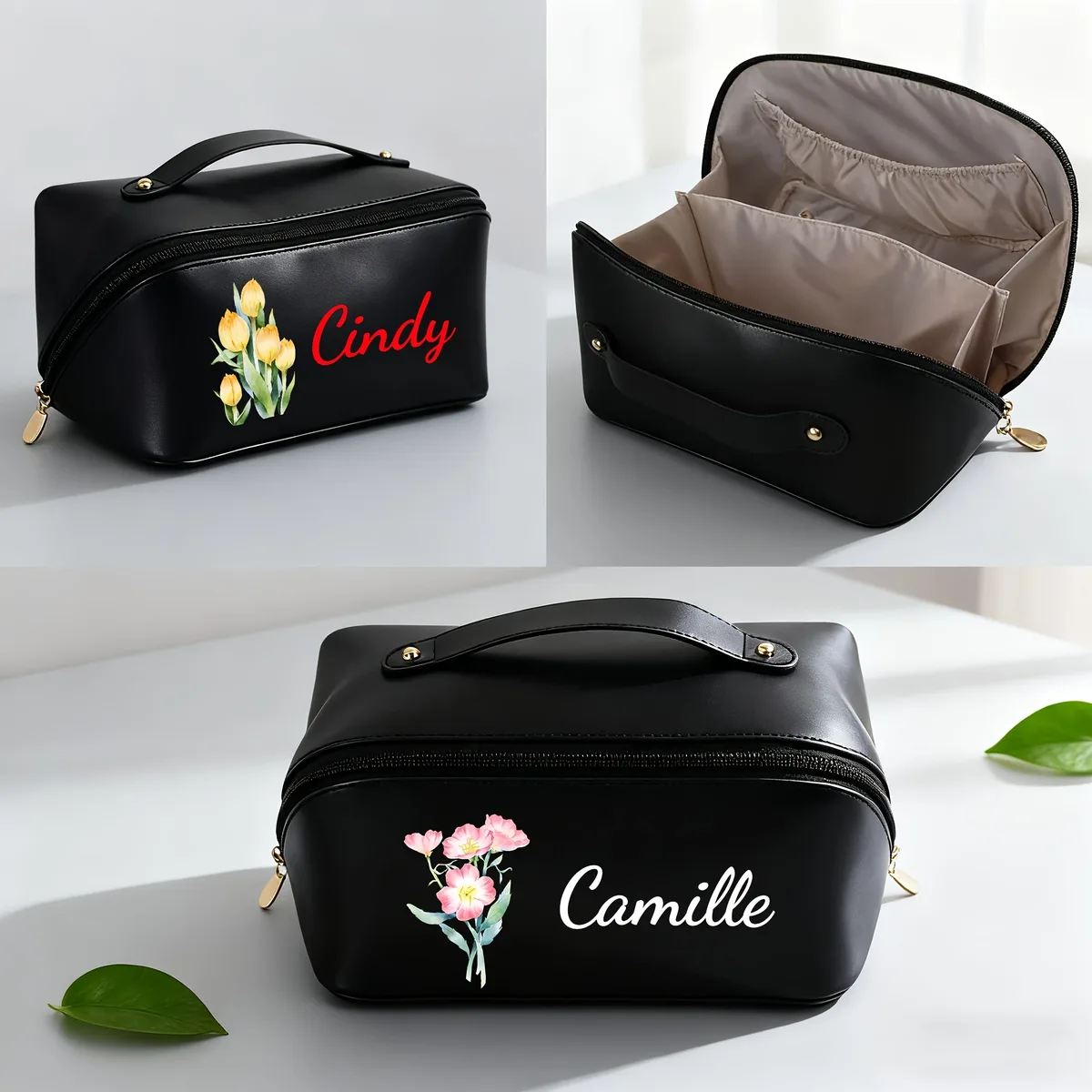 trousse de maquillage personnalisée avec fleurs et nom, trousse de maquillage à fermeture éclair, trousse de maquillage grande capacité pour femmes