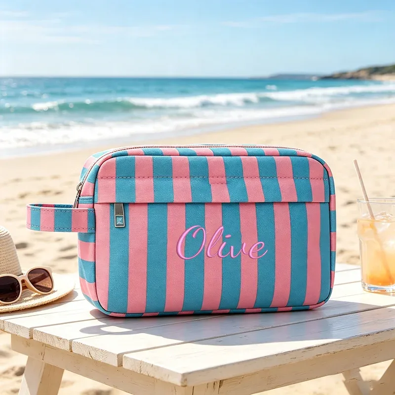 trousse de toilette rayée à double compartiment, portable pour les voyages, idéale pour les trajets quotidiens, les vacances, la plage, les fêtes, cadeaux créatifs, anniversaires, rentrée scolaire, remise des diplômes.