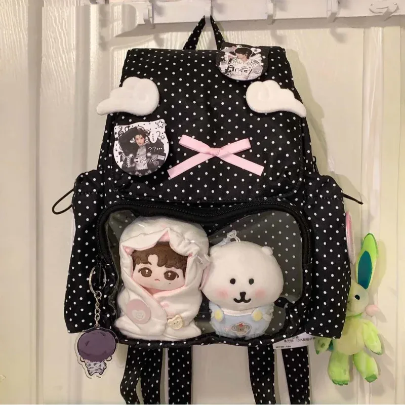 Sac à dos mignon à pois, aile d'ange, nœud rose, poche transparente, sac à dos de grande capacité, sac de trajet Sweet Lolita pour femmes