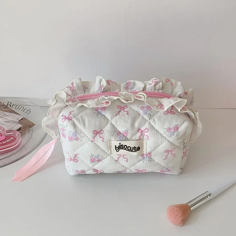 trousse de maquillage en coton matelassé avec nœud mignon pour femmes et filles, organisateur de cosmétiques portable à fermeture éclair, sac à main en tissu, trousse de toilette
