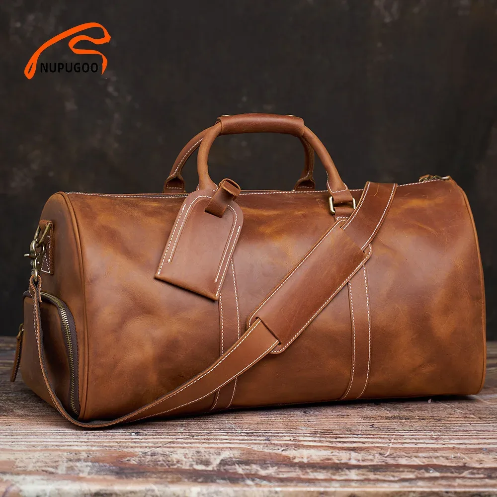 NUPUGOO – sac de voyage Vintage en cuir véritable pour hommes, bagage à main Boston, sac de sport de grande capacité, épaule pour ordinateur portable de 16 pouces
