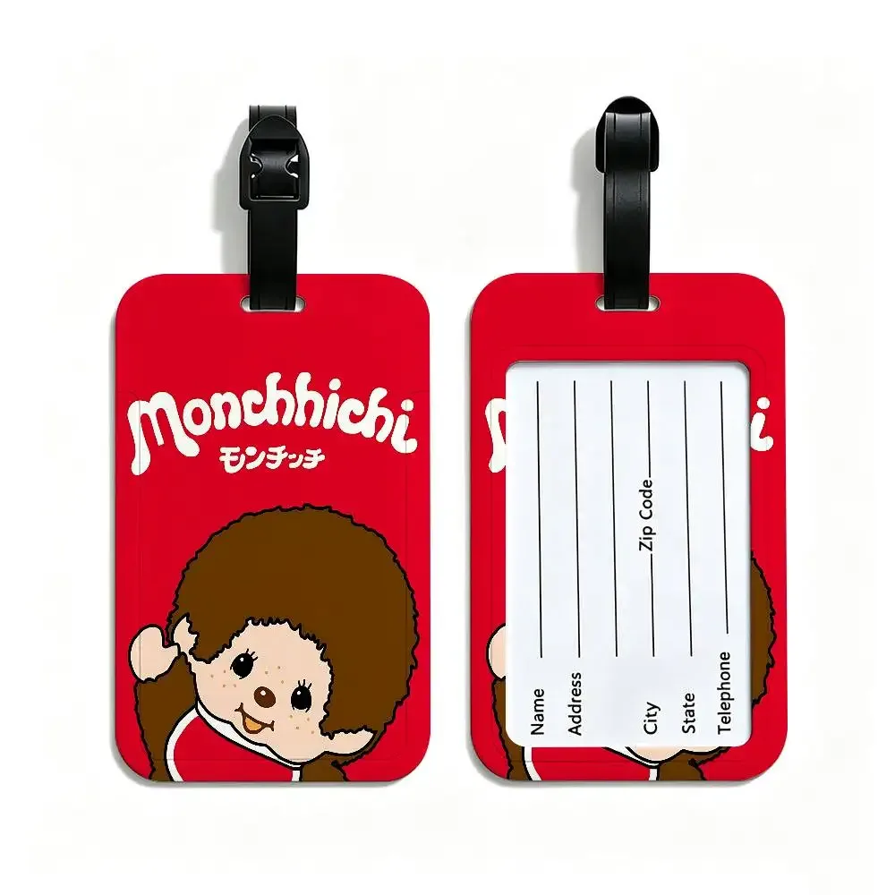 étiquette de bagage de voyage en pvc, motif dessin animé lawaii anime m-monchhichi, avec porte-carte d'informations et marqueur de nom anti-perte pour sac à dos.