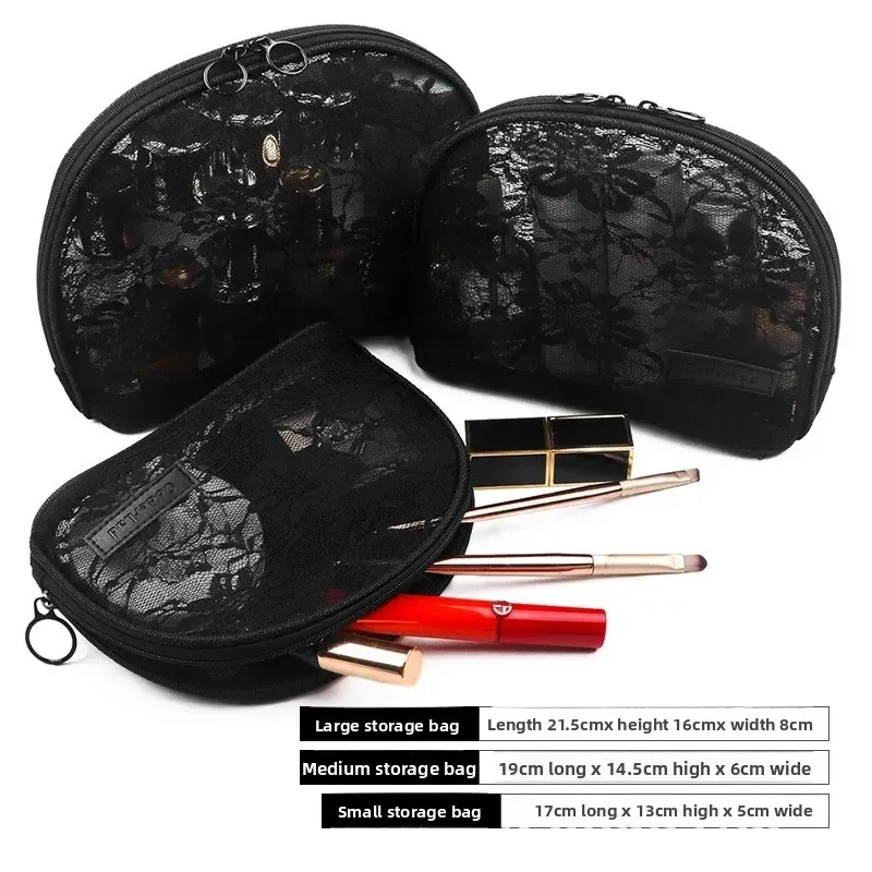 trousse de maquillage en dentelle transparente portable, sac de rangement de taille moyenne pour articles de toilette, matériau en nylon de style japonais de la chine continentale