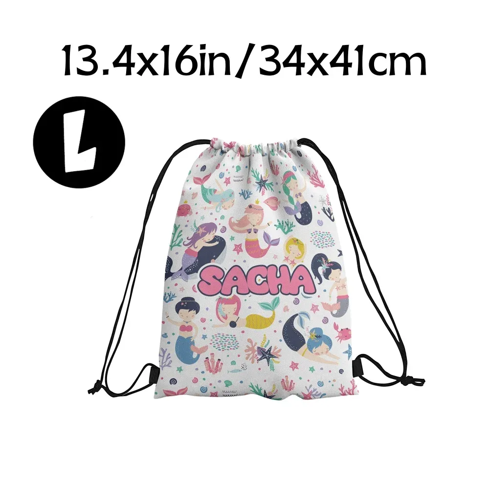 sac à dos à cordon de serrage personnalisé avec nom de créature marine sirène, sac de sport personnalisé 4 couleurs pour enfants, cadeau de fête d'anniversaire, de sport ou de plage