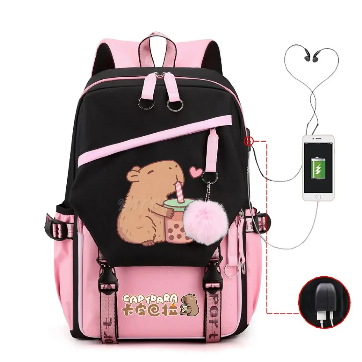 mignon capybara amoureux bulle thé sac à dos femmes filles usb sac de charge grande capacité ordinateur portable capybara sac à dos femmes sacs de voyage