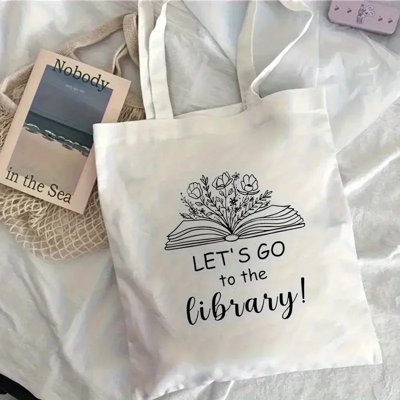 sac fourre-tout pour bibliothèque, sac léger en toile pour les amateurs de livres, motif livre ouvert et floral, sac de courses réutilisable blanc crème