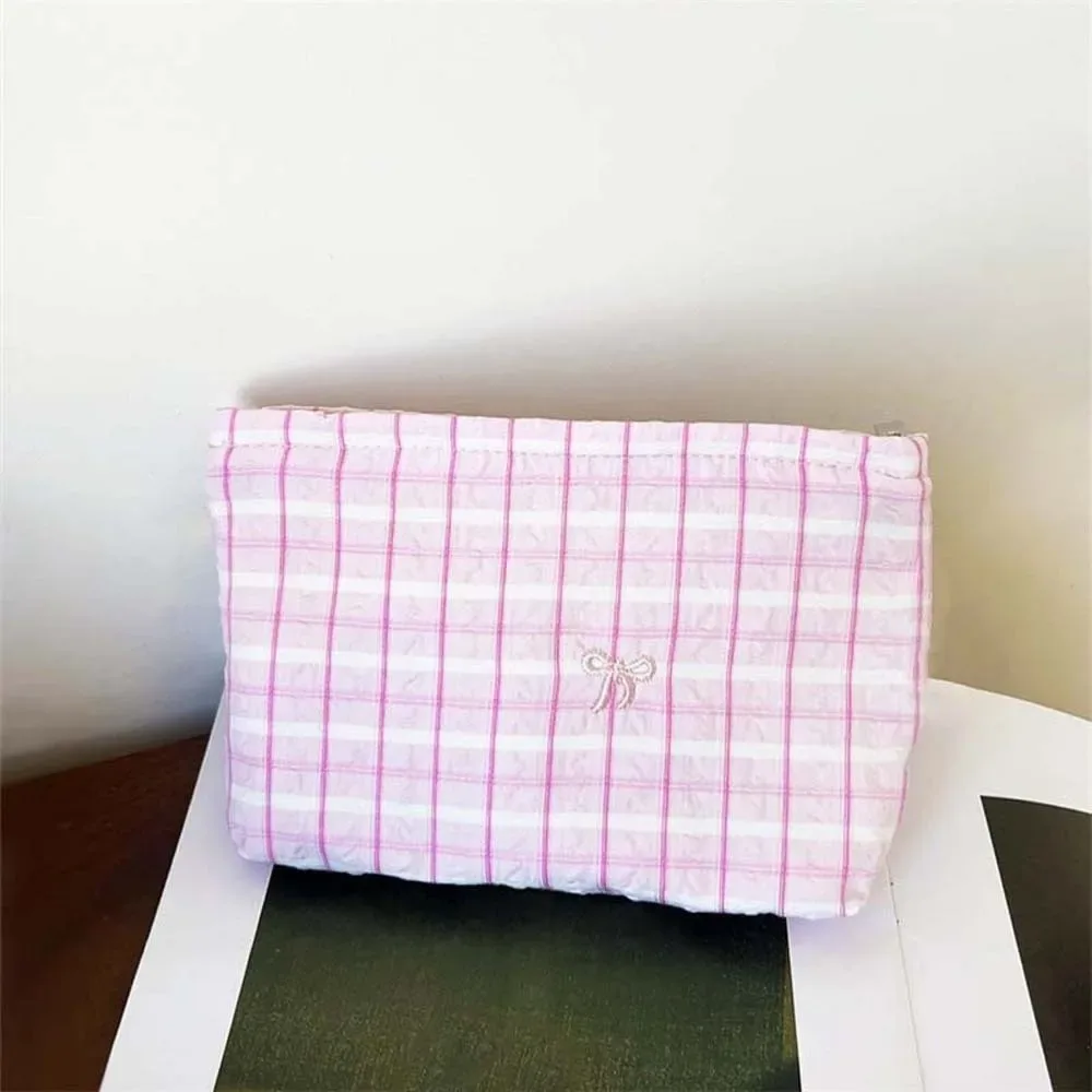 pochette à maquillage classique à rayures, motif brodé, fermeture éclair lisse, organiseur de cosmétiques, couleurs pastel, taille compacte, trousse de toilette