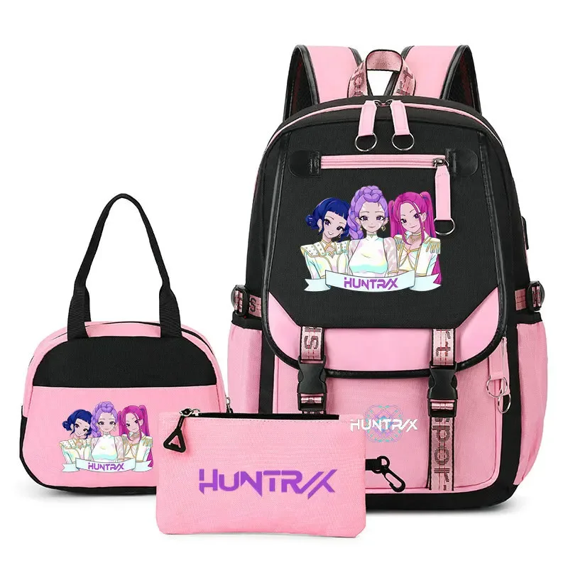 sac à dos kpop demon hunter pour adolescents, cartable de grande capacité, 3 pièces/ensemble avec sac à lunch pour femmes, étudiants, décontracté, confortable, pour voyage, mochilas