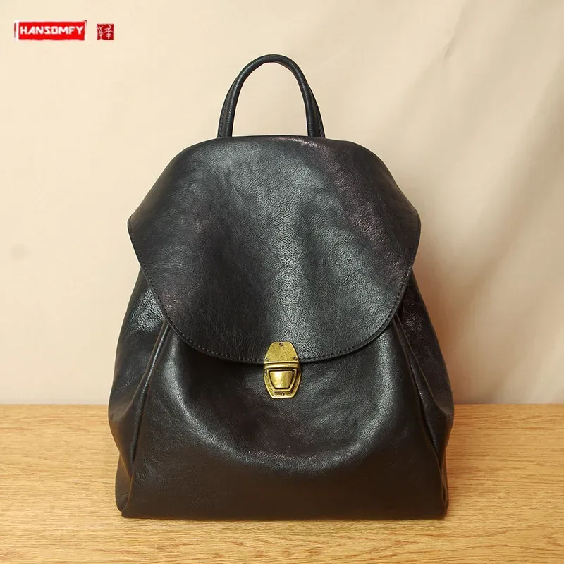 Sac à bandoulière en cuir de vachette noir souple pour femme, sac à dos à moraillon, original, simple, rétro, école, dames, nouveau, 2024