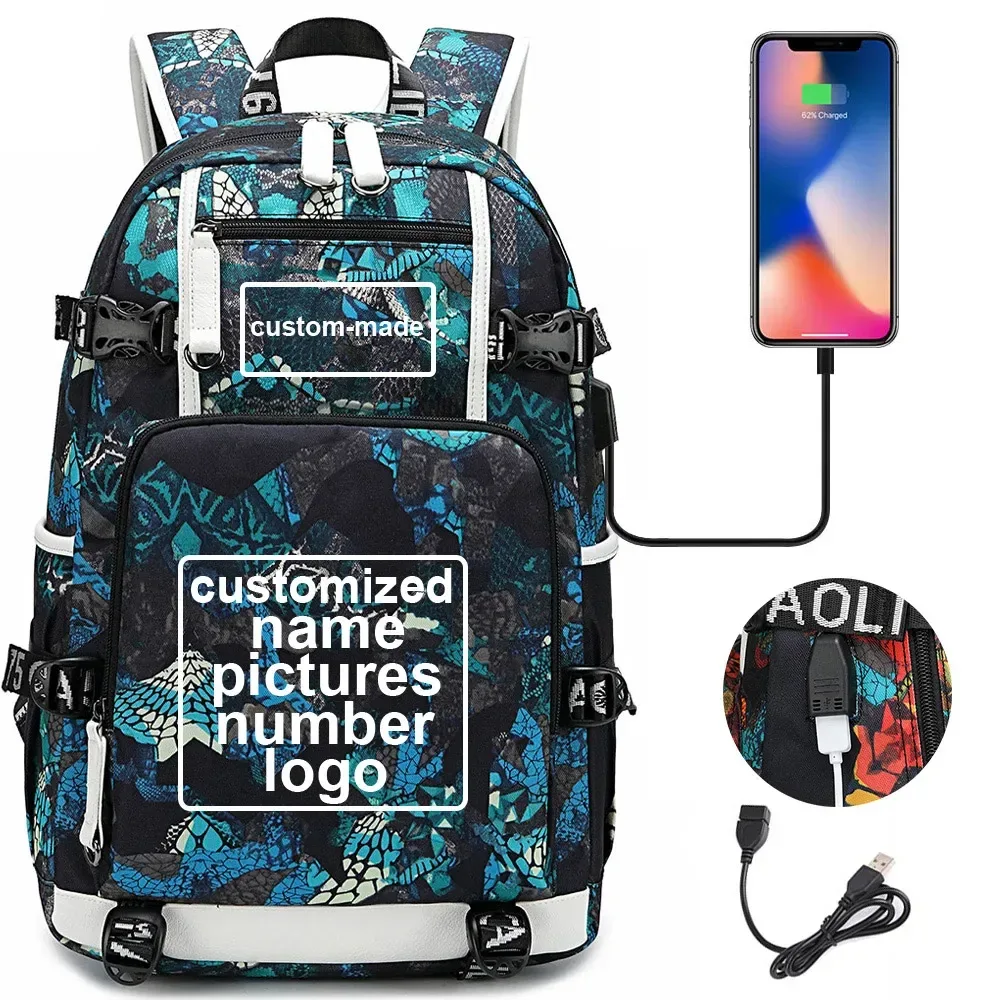 sac à dos en toile pour hommes et femmes, imprimé personnalisé, avec photo ou logo, pour enfants, garçons et filles, usb, pour ordinateur portable, grand sac de voyage