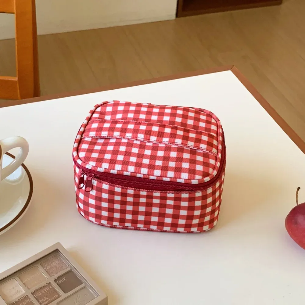 nouvelle trousse de maquillage rouge à carreaux, trousse de toilette portable multi-tailles, pochette cosmétique pour femmes