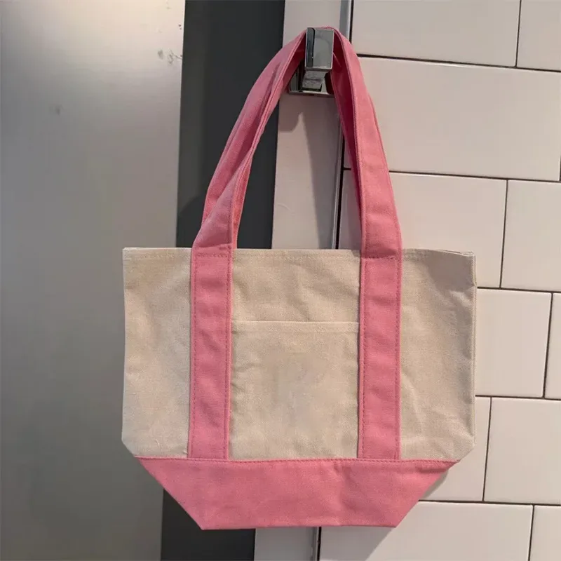 sac de shopping en toile tendance avec coutures colorées, sac à main pour trajets quotidiens, sac à bandoulière simple, doux et confortable, sac de rangement écologique pour le déjeuner