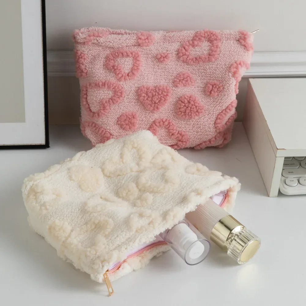 sac de rangement en peluche grande capacité, sac de maquillage portable de voyage, motif cœur, pochette de transport à main, cosmetiquera para maquillaje ravissant