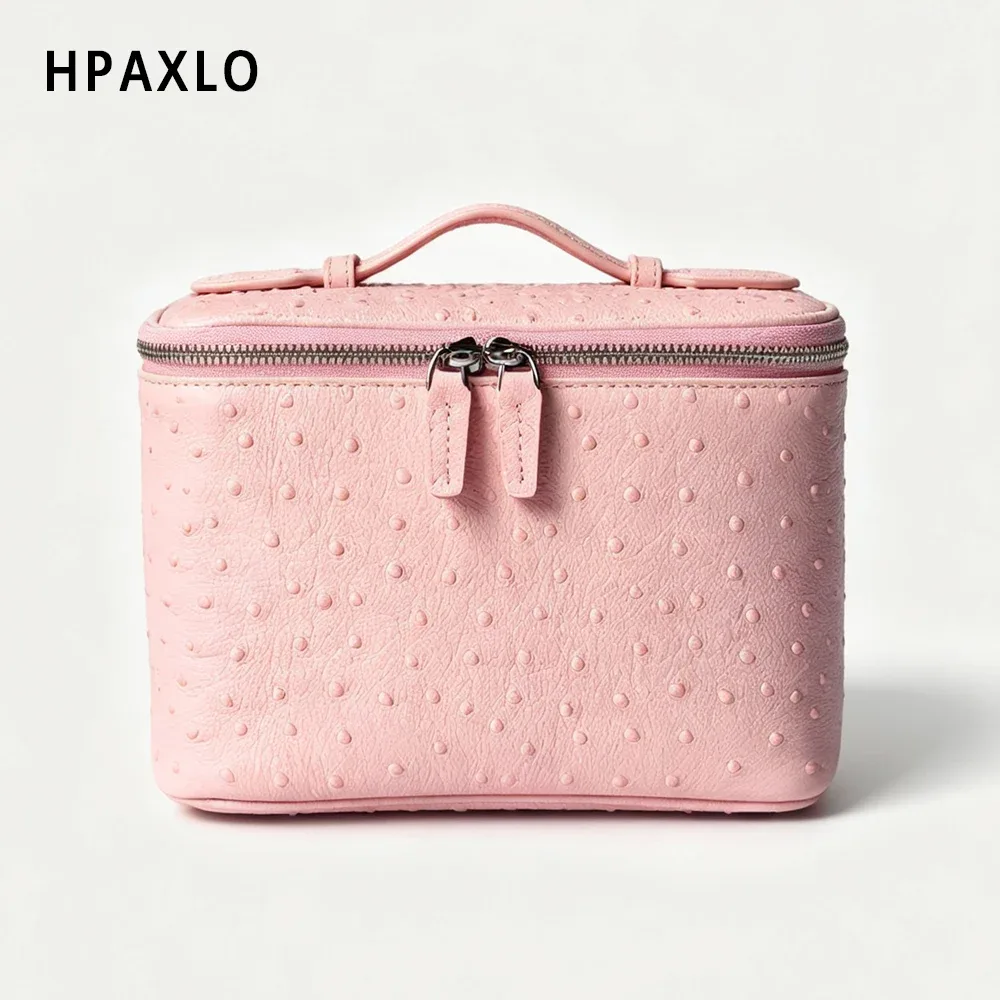sac de toilette pour femme en cuir véritable à motif d'autruche, sac de voyage carré tendance, organiseur de cosmétiques, grand sac à cosmétiques, sac à main, neuf