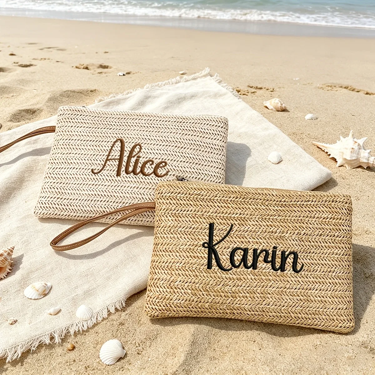 pochette brodée bohème en paille, portable avec fermeture éclair et dragonne, sac de rangement polyvalent pour demoiselle d'honneur, maquillage et vacances à la plage