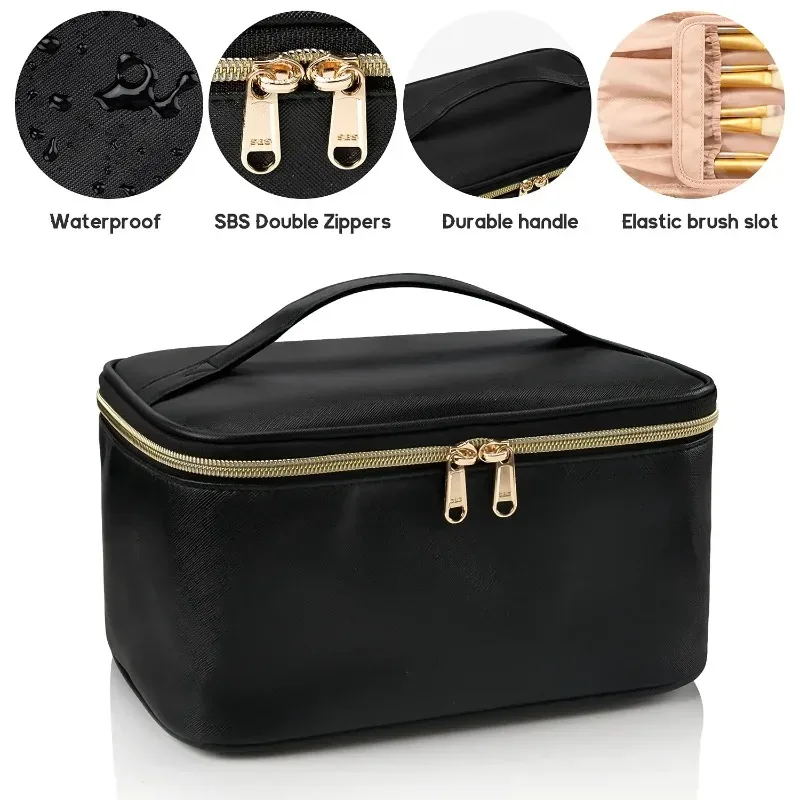 grande trousse de maquillage de voyage pour femmes, organiseur de maquillage, sac cosmétique portable, trousse de toilette noire pour filles en voyage