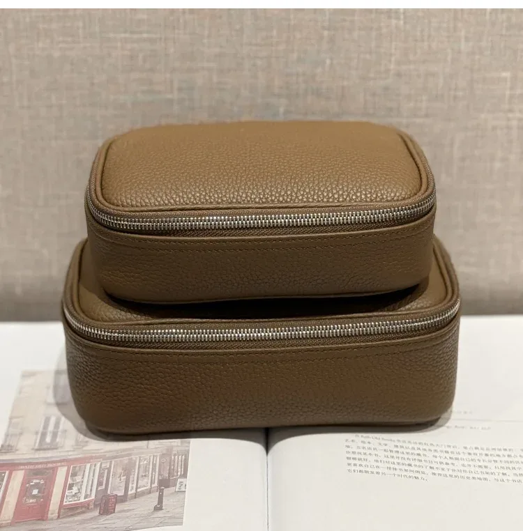 sac de maquillage en cuir véritable, design simple, cuir de vachette de première qualité, sac de toilette portable, sac de rangement pour cosmétiques pour femmes, sac de voyage