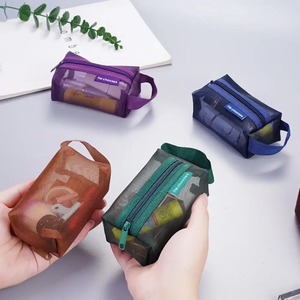 sac de maquillage en maille de couleur rétro, sac de rangement à fermeture éclair, sac cosmétique transparent, trousse de toilette, sac de rangement de grande capacité pour femme