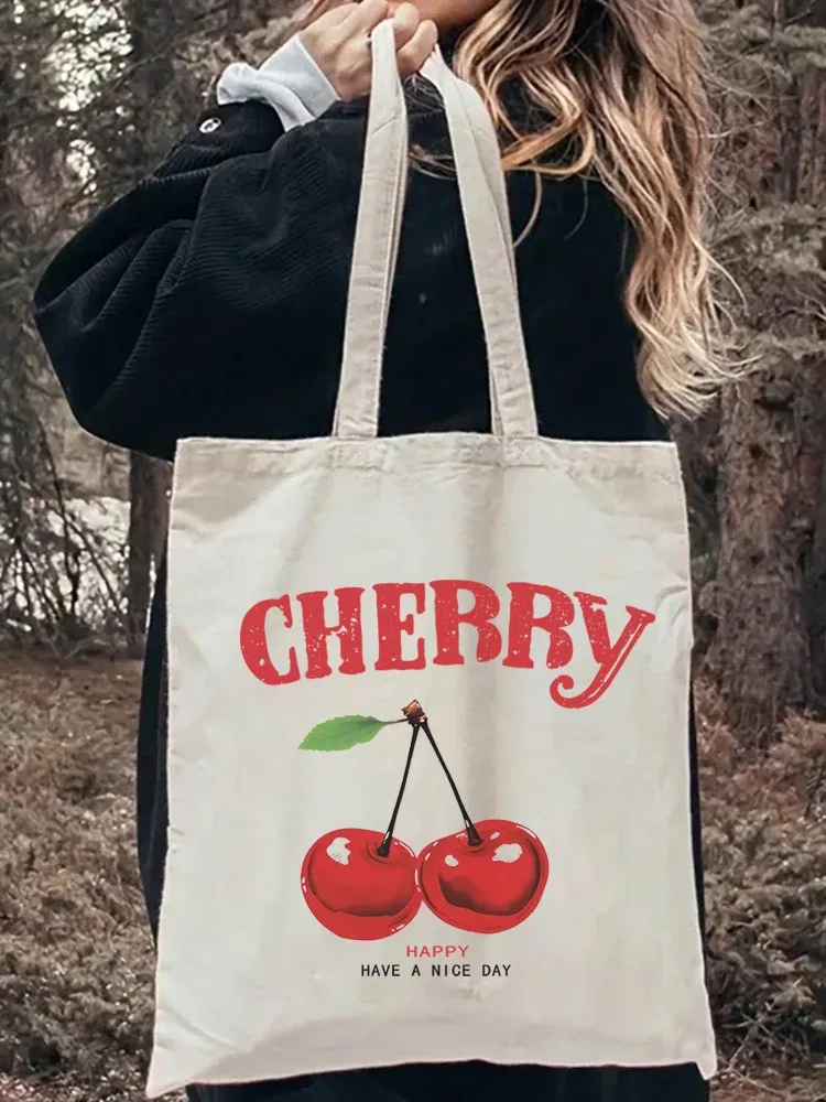 sac à bandoulière en toile cerise, 1 pièce, pliable et réutilisable, sac à main d'épicerie en tissu, unisexe pour dames, voyage pour femmes