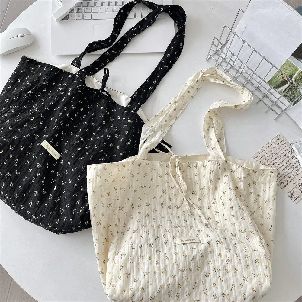 Sac de shopping polyvalent pour femmes, sac à bandoulière simple en mousseline de soie imprimé Floral frais et doux, fourre-tout de grande capacité pour classe d'étudiant