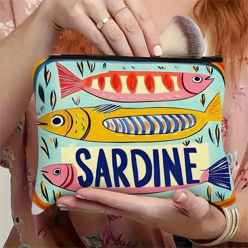 sac de maquillage à motif de sardines ludiques, pochette de rangement de cosmétiques de voyage légère avec fer