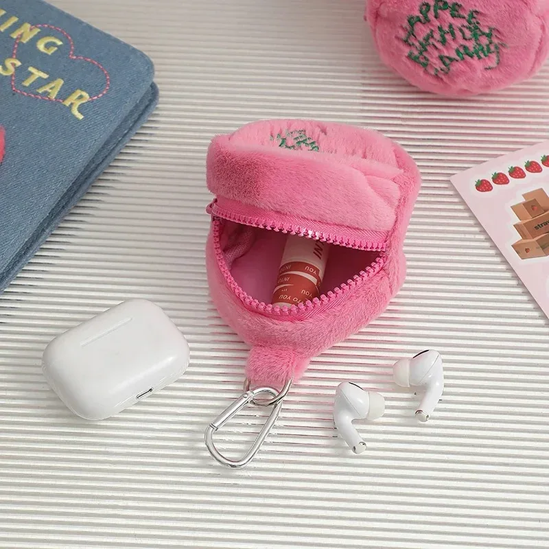 mini sac à monnaie rose en peluche kawaii harries, sac de rangement portable pour écouteurs, pochette à monnaie, sac gâteau