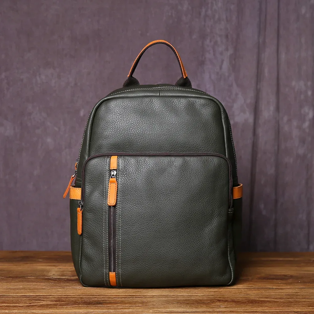 sac à dos en cuir véritable pour homme, style collège décontracté, housse de livre en cuir de vachette, simple et à la mode, sac pour ordinateur portable 15 pouces