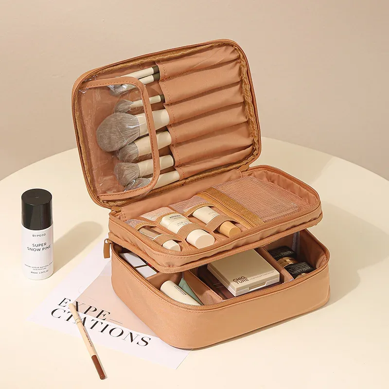 trousse de toilette grande capacité à double compartiment avec séparateurs ; sac de voyage portable en tissu oxford