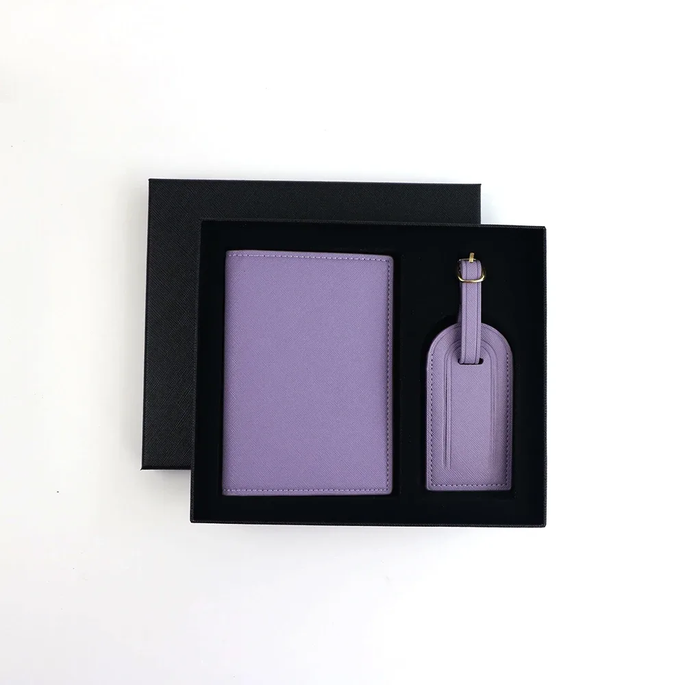 ensemble personnalisé avec nom, porte-passeport et étiquette de bagage en cuir pu safiano unisexe, coffret cadeau