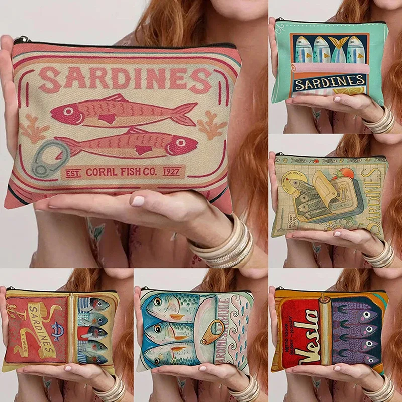 sac à cosmétiques en toile vintage, trousse de maquillage simple de grande capacité, pochette de voyage pour femmes, trousse de toilette rétro, design d'huile d'olive de sardines