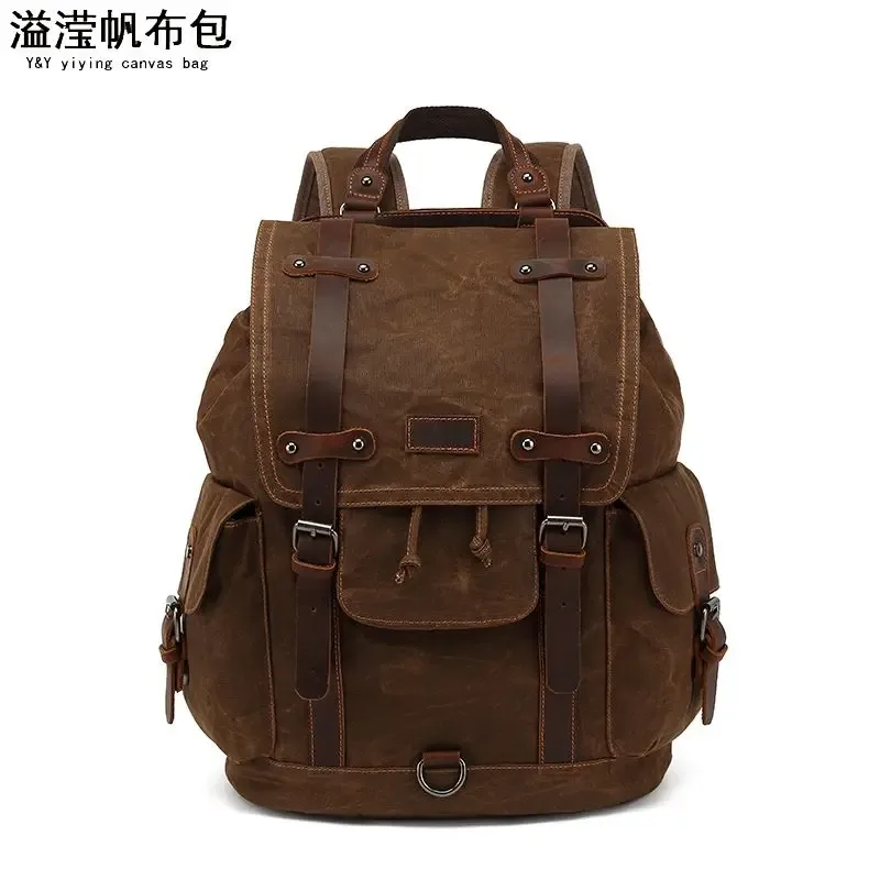 sac à dos vintage en toile et cuir imperméable, sac de voyage, mochila vintage masculine, sac à dos pour homme, sac à dos pour ordinateur portable en toile cirée