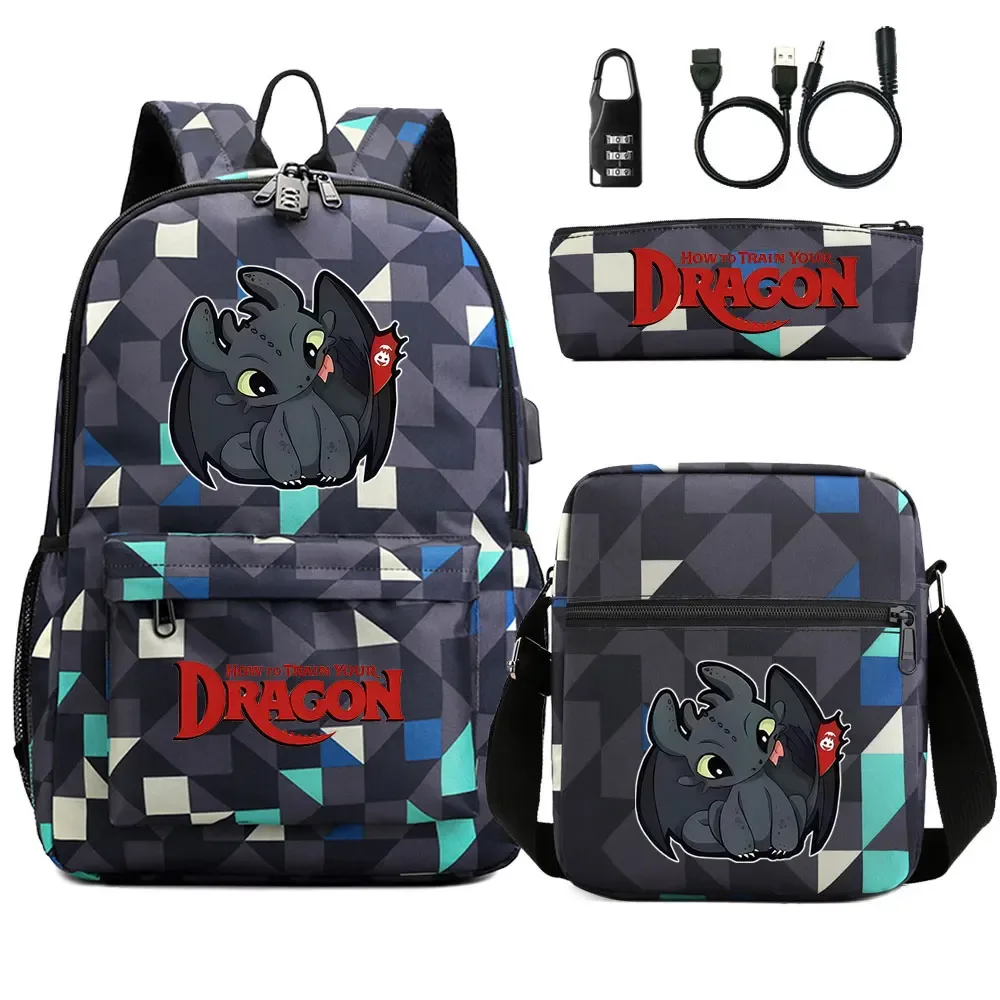 comment entraîner votre dragon 3 pièces usb antivol serrure garçon fille enfants retour à l'école livre sacs voyage sac à dos sac à bandoulière sacs à stylos