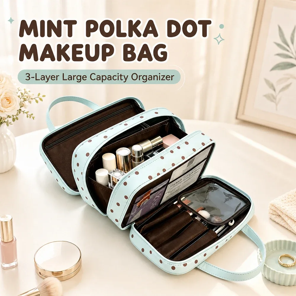 Sac de maquillage à pois mignon, trousse de toilette de voyage grande capacité, sac cosmétique multi-poches à 3 niveaux pour les soins de la peau et les pinceaux cosmétiques