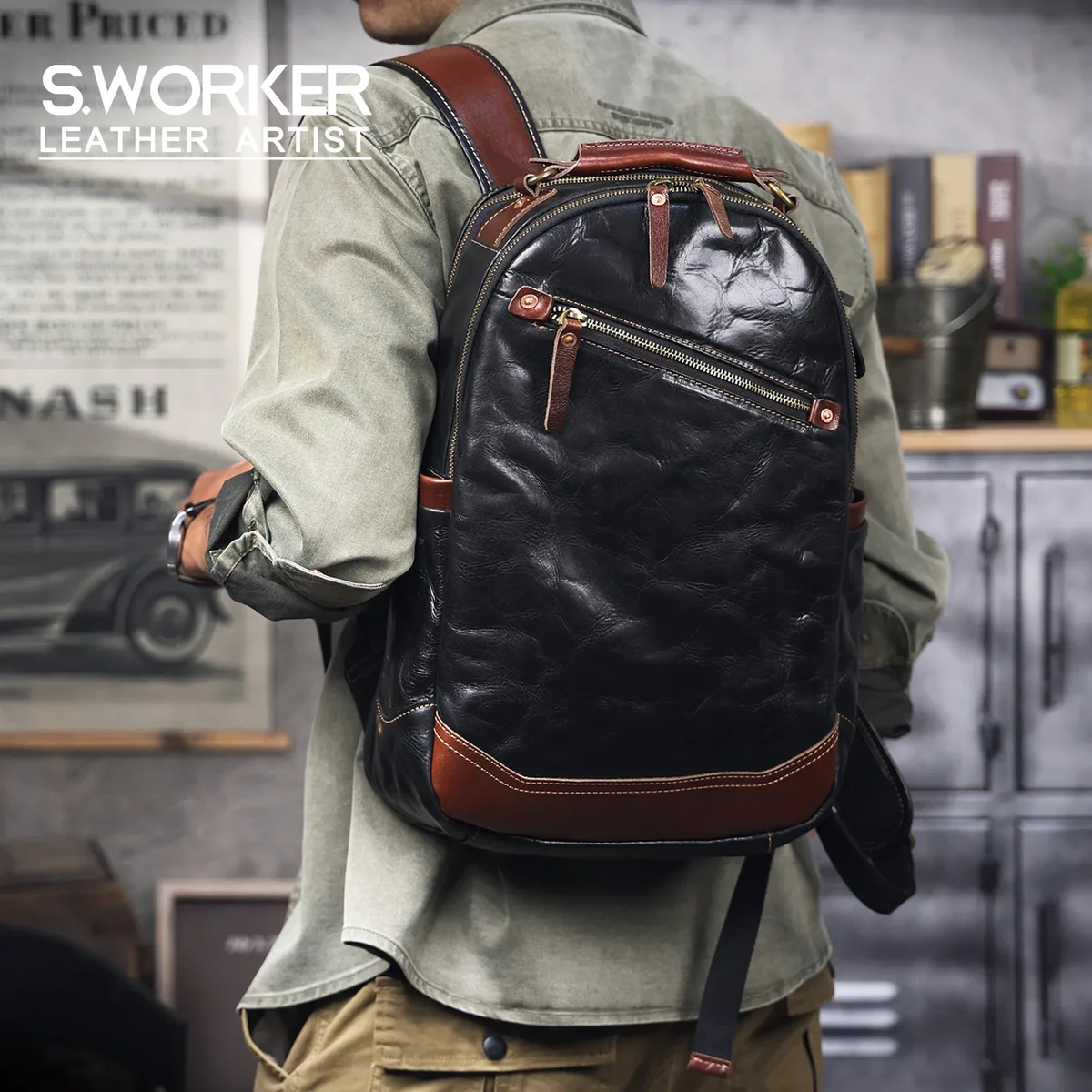 S.WORKER – sac à dos en cuir véritable pour hommes, sacs d'école décontractés en cuir de vache de qualité supérieure, sacs pour ordinateur portable de 15 pouces, sac à dos de voyage, cadeau pour hommes