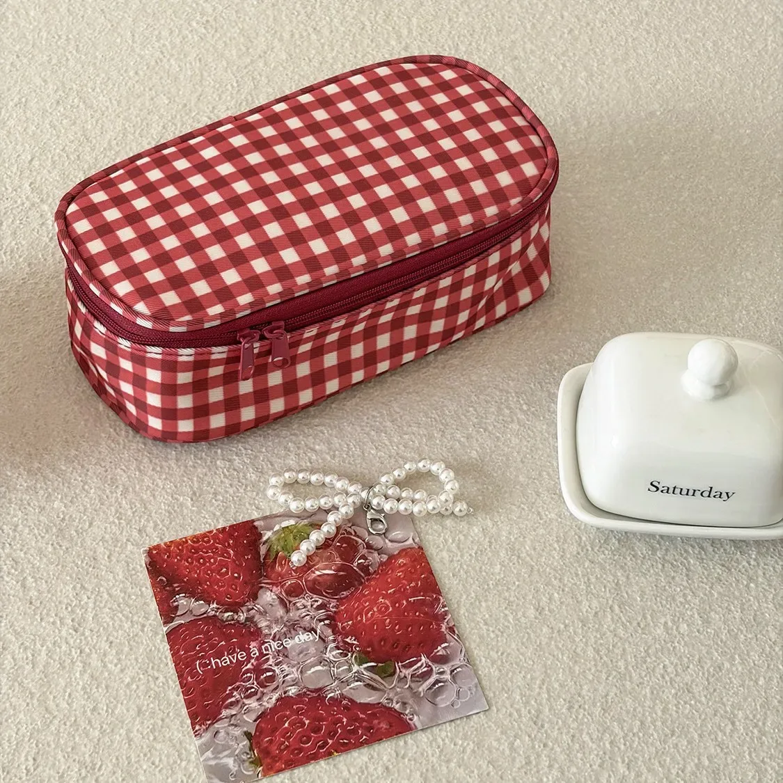 pochette à cosmétiques à carreaux, trousse de toilette de voyage minimaliste à blocs de couleur, nouvelle trousse de maquillage portable à motif quadrillé grande capacité