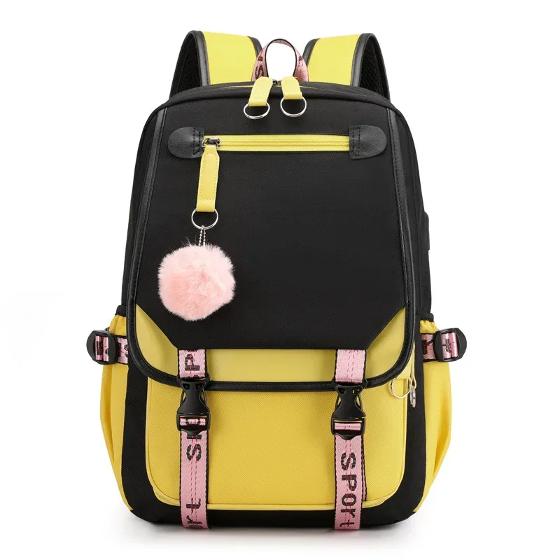 grands sacs d'école pour adolescentes, port usb, cartable en toile, sac de livre d'étudiant, mode noir rose, sac à dos d'école pour adolescents