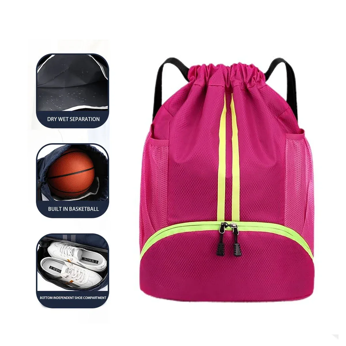 sac à dos de basketball avec cordon de serrage et compartiment à chaussures, sac de sport à séparation humide/sec pour la natation, l'entraînement et le fitness