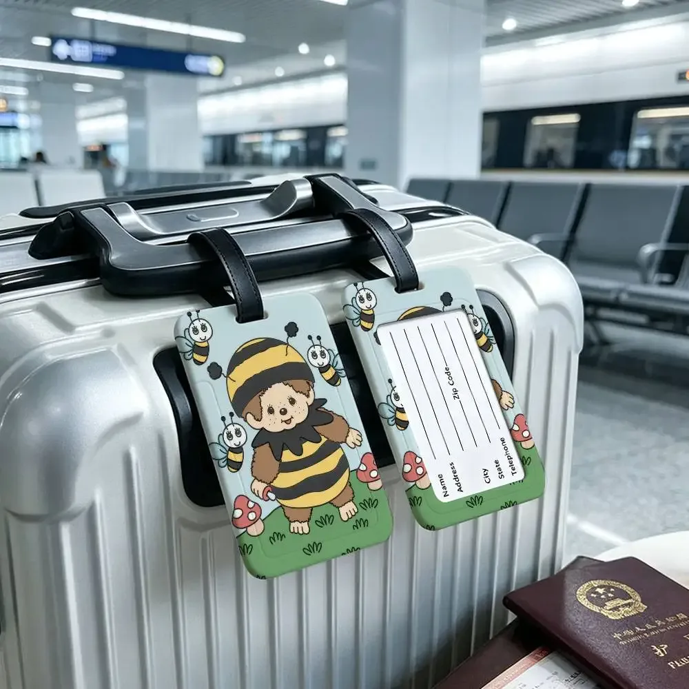 étiquette de bagage en pvc imperméable monchhichis avec carte d'information, étiquette d'identification anti-perte pour bagages et sacs d'école
