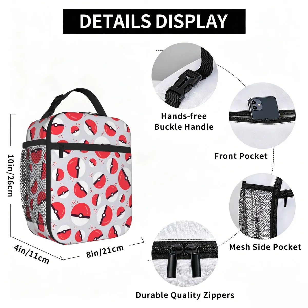 sac de rangement pour balles avec fermeture à glissière, 1 pièce, boîte à lunch scolaire pokemon, sac à nourriture réutilisable pour le déjeuner