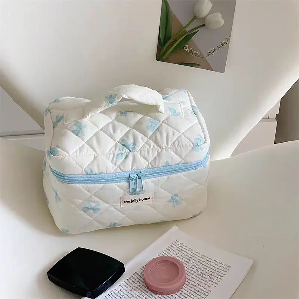 sac de rangement cosmétique en coton matelassé pour femme, nœud simple, sac à main d'évaluation de maquillage rouge à lèvres, sacs à fermeture éclair de grande capacité, mignon, nouveau