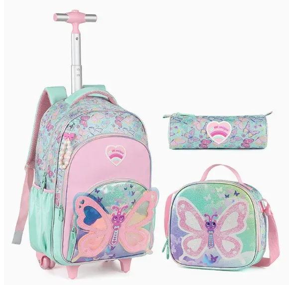 sac à dos à roulettes pour filles, sac à dos à roulettes mignon, bagage à main pour enfants avec boîte à lunch et trousse à crayons pour l'école primaire