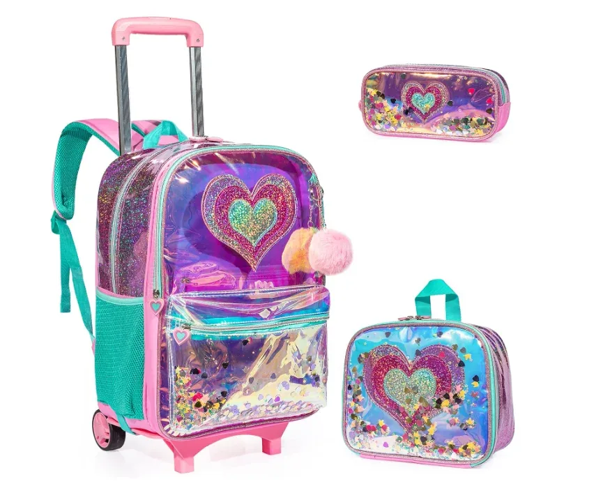 sac à dos d'école 3 en 1, sac à dos à roulettes, sac à roulettes avec sac à déjeuner, sac à stylos pour filles, sac à dos roulant pour filles