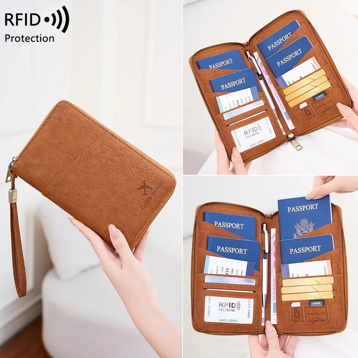 porte-passeport anti-rfid multifonctionnel, organiseur de documents de voyage, sac de rangement pour billets, portefeuille pour plusieurs passeports