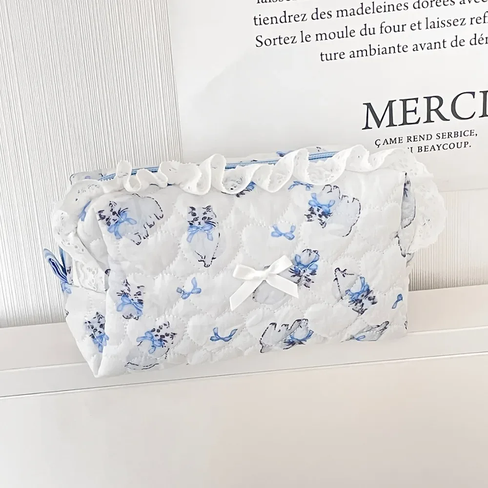 sac de maquillage en dentelle de chat de dessin animé pour femmes, organisateur de voyage, pochette cosmétique de toilette, sac de maquillage portable pour filles, vente en gros