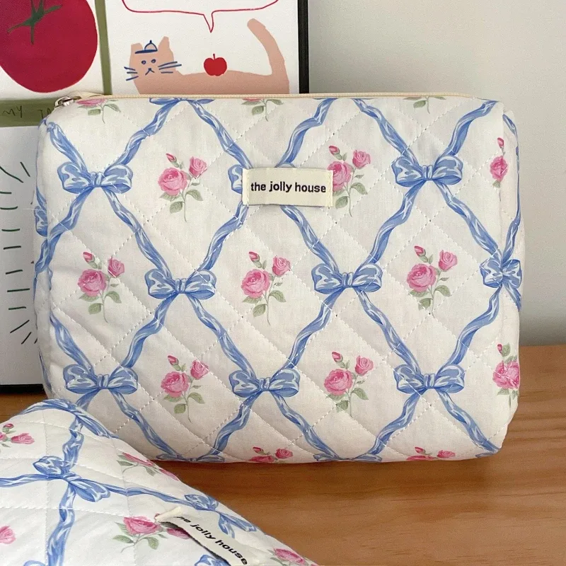 trousse de maquillage en coton avec nœud mignon pour femmes, organisateur de cosmétiques à fermeture éclair, boîte en tissu en forme de trousse de toilette portable pour filles