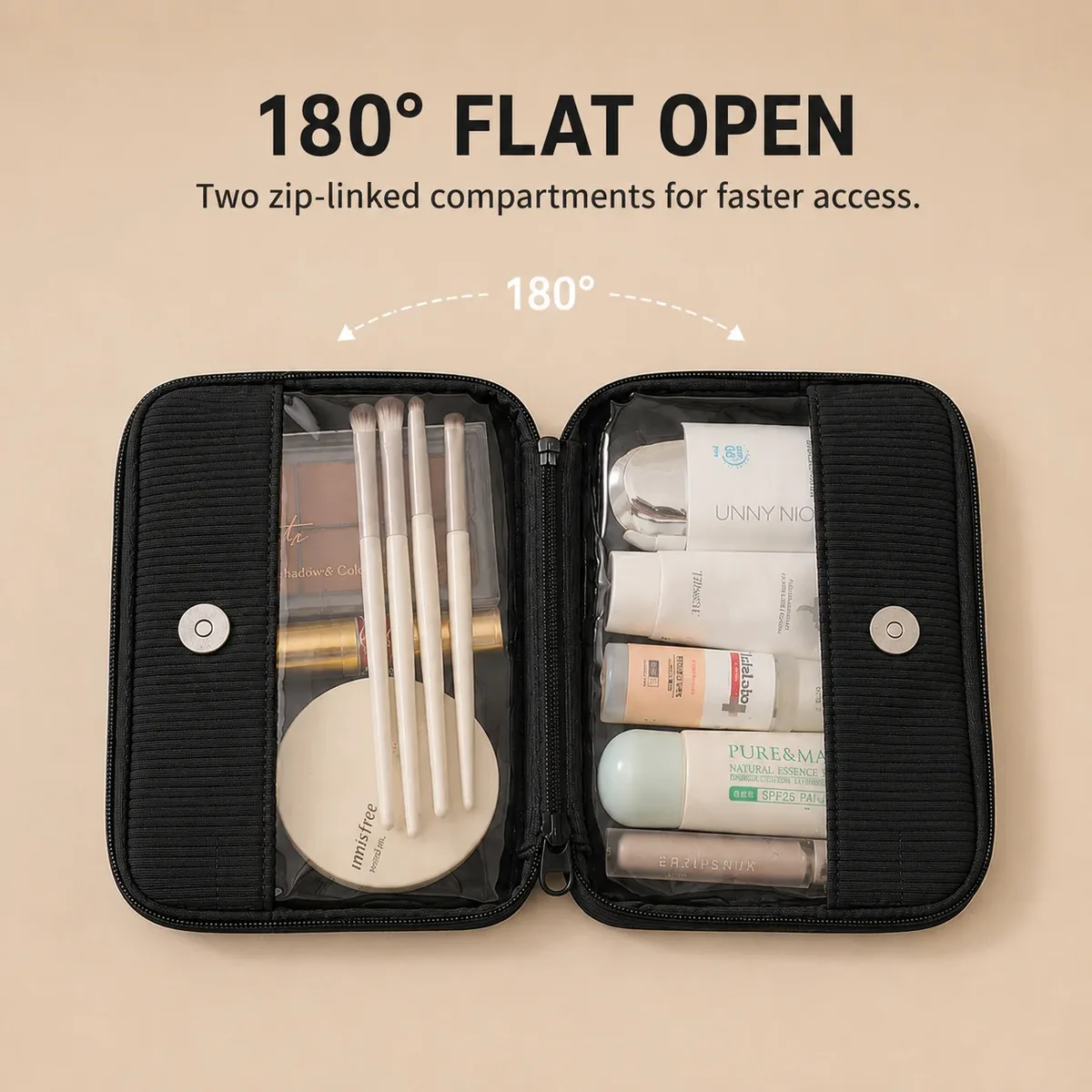 trousse de maquillage de voyage transparente en pvc, organisateur cosmétique en polyester côtelé, pochette de toilette à compartiments séparés, étui de rangement portable pour articles de beauté