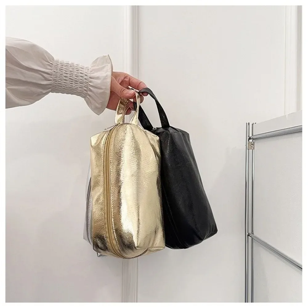 sac de maquillage brillant portable, grande capacité, sac à cosmétiques à main, couleur unie, trousse à crayons polyvalente pour femmes